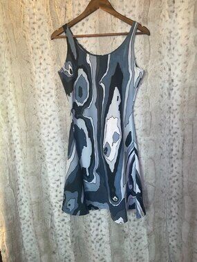 Art of Where Abstract Print Flare Mini Dress Size L Blue Gray Black